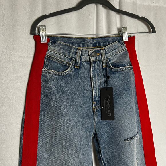 Carmen Straight Thrashed Distressed High Rise Red Tuxedo Stripe Denim Blue Jeans - Picture 3 of 10